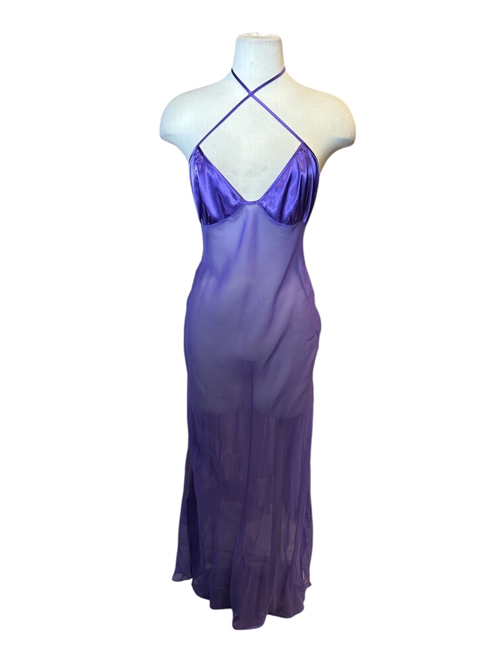 Frederick's of Hollywood Sheer Purple Halter Slip Gown